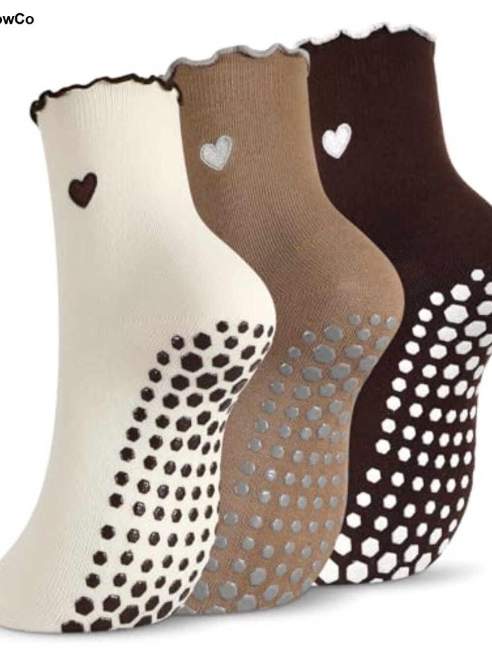 3 Pairs Womens Pilates Socks Non Slip Grip Ruffle Heart Embroidery Cotton